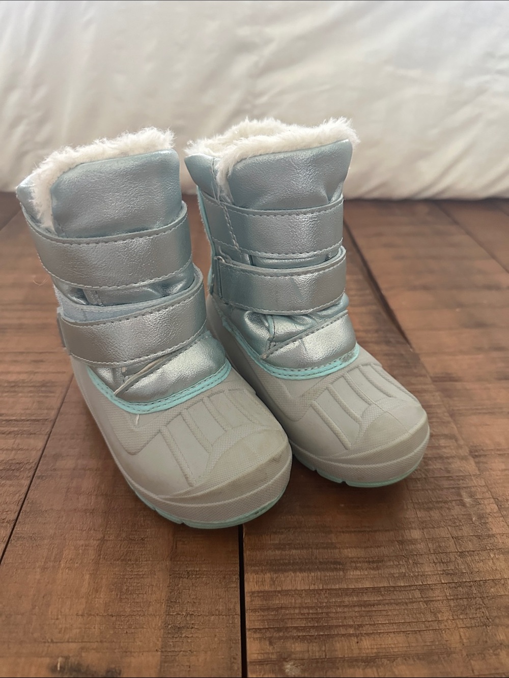 Girls Metallic Light Blue Winter Boots with Faux Fur Lining